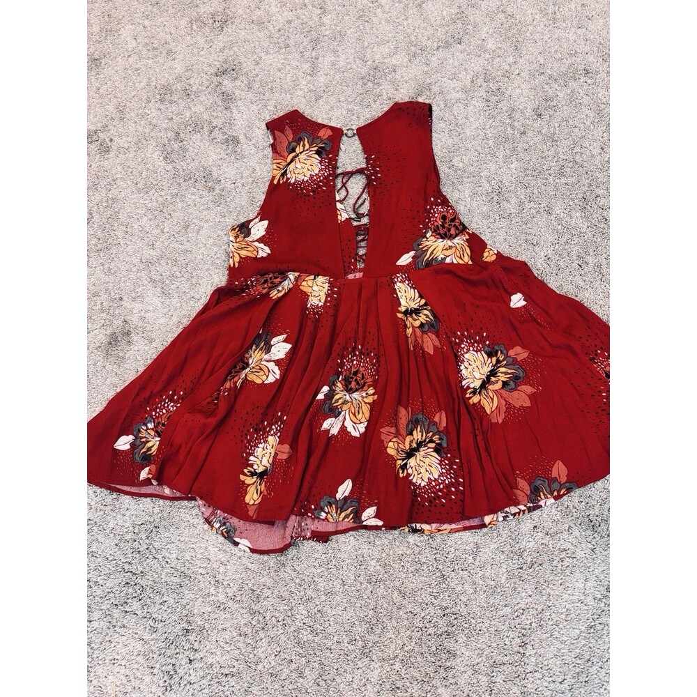 Free People Lovely Day Floral Printed Red Boho Tunic Mini Dress Small Flowy